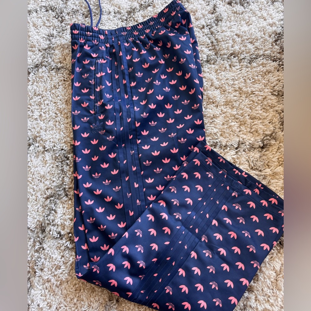 Adidas Firebird Monogram Track Pants Dark Blue Pink Trefoil, Size Small, NWOT